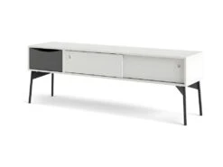 Fur Table TV Avec 2 Portes Coulissantes Et 1 Tiroir, Blanc Mat / Gris.