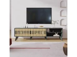 Meuble TV 160cm Avec 1 Tiroir Et 2 Portes Pour Chambre Ou Salon - Bois Rétro - Noir & Naturel