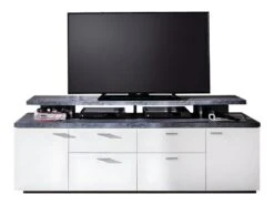 Mood Meuble TV 2 Portes, 2 Tiroirs, 4 Espaces De Rangement, 2 Rabats Blanc, Décor Pierre.