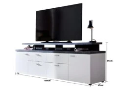 Mood Meuble TV 2 Portes, 2 Tiroirs, 4 Espaces De Rangement, 2 Rabats Blanc, Décor Pierre. -Deco.fr Soldes Boutique meuble tv 22163033