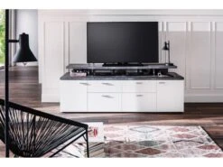 Mood Meuble TV 2 Portes, 2 Tiroirs, 4 Espaces De Rangement, 2 Rabats Blanc, Décor Pierre. -Deco.fr Soldes Boutique meuble tv 22163035