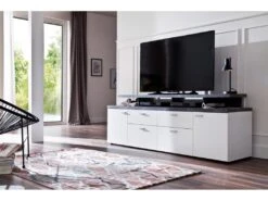 Mood Meuble TV 2 Portes, 2 Tiroirs, 4 Espaces De Rangement, 2 Rabats Blanc, Décor Pierre. -Deco.fr Soldes Boutique meuble tv 22163037