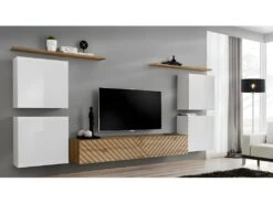 Ensemble De Meubles Design De Salon SWITCH IV. Coloris Blanc Et ChĂȘne. Finitions ChĂȘne FraisĂ© Et Blanc Brillant .