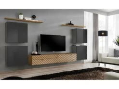 Ensemble De Meubles Design De Salon SWITCH IV. Coloris Gris Et ChĂȘne. Finitions Gris Brillant Et ChĂȘne FraisĂ©.