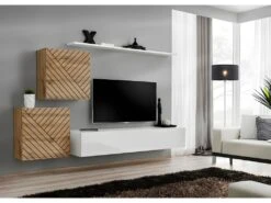 Ensemble De Meubles Design De Salon SWITCH V, Coloris ChĂȘne Et Blanc Finitions ChĂȘne FraisĂ© Et Blanc Brillant.