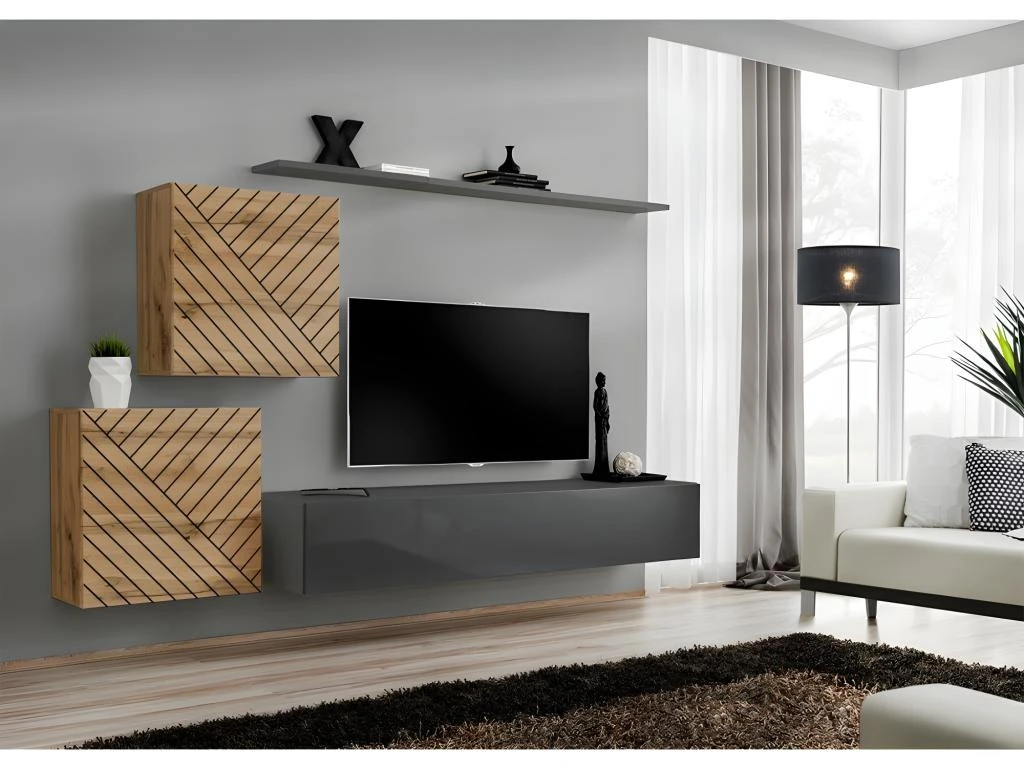 Ensemble De Meubles Design De Salon SWITCH V, Coloris Chêne Et Gris Finitions Chêne Fraisé Et Gris Brillant. 1 Ensemble De Meubles Design De Salon SWITCH V, Coloris Chêne Et Gris Finitions Chêne Fraisé Et Gris Brillant.