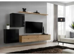 Ensemble De Meubles Design De Salon SWITCH V, Coloris Noir Et ChĂȘne. Finitions Noir Brillant Et ChĂȘne FraisĂ©.