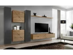 Ensemble De Meubles Design De Salon SWITCH VI. Coloris Gris Et ChĂȘne Finition Gris Brillant Et ChĂȘne Effet FraisĂ©.