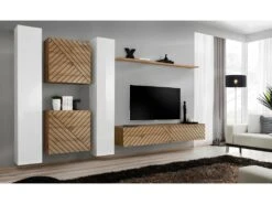 Ensemble De Meubles Design De Salon SWITCH VI. Coloris Blanc Et ChĂȘne Finition Blanches Brillantes Et ChĂȘne Effet FraisĂ©.
