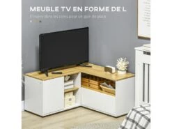 Meuble TV D'angle Banc TV En L 2 Portes 3 Niches Panneaux Aspect Bois Chêne Clair Blanc 9 Meuble TV D'angle Banc TV En L 2 Portes 3 Niches Panneaux Aspect Bois Chêne Clair Blanc -Deco.fr Soldes Boutique meuble tv 22962507