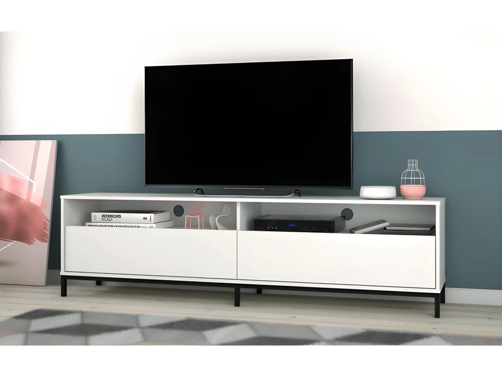 Meuble TV 70 Pouces 2 Abattants 4 Niches Blanc Pieds Métal 3 Meuble TV 70 Pouces 2 Abattants 4 Niches Blanc Pieds Métal – Image 3