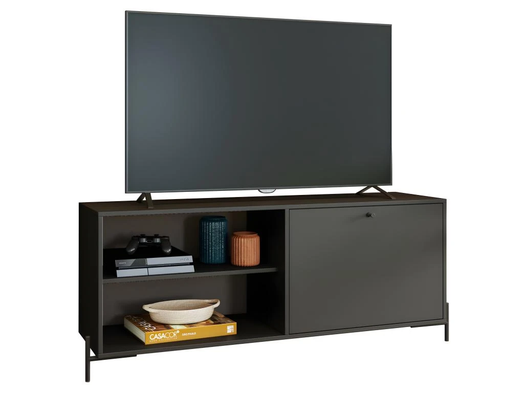 Meuble TV Bar 60 Pouces Noir 1 Porte 4 Niches Pieds Métal Ronds 1 Meuble TV Bar 60 Pouces Noir 1 Porte 4 Niches Pieds Métal Ronds