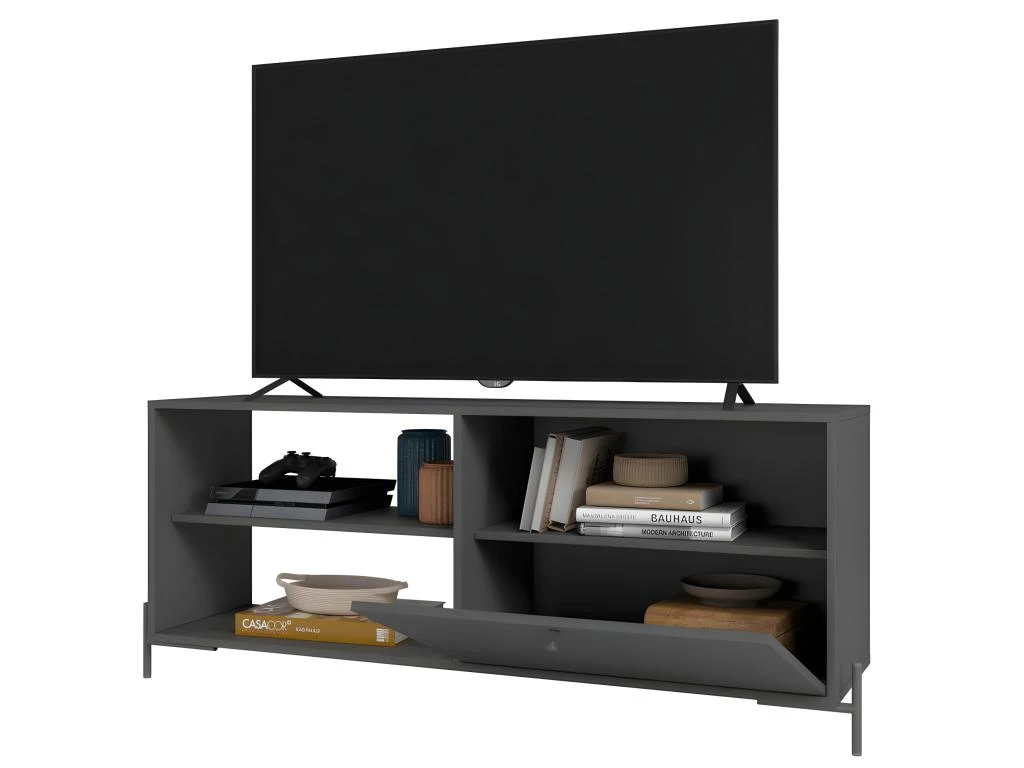 Meuble TV Bar 60 Pouces Noir 1 Porte 4 Niches Pieds Métal Ronds 2 Meuble TV Bar 60 Pouces Noir 1 Porte 4 Niches Pieds Métal Ronds – Image 2