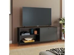 Meuble TV Bar 60 Pouces Noir 1 Porte 4 Niches Pieds Métal Ronds 7 Meuble TV Bar 60 Pouces Noir 1 Porte 4 Niches Pieds Métal Ronds -Deco.fr Soldes Boutique meuble tv 22970101