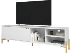 Meuble TV 80 Pouces Blanc 1 Porte Coulissante 4 Niches