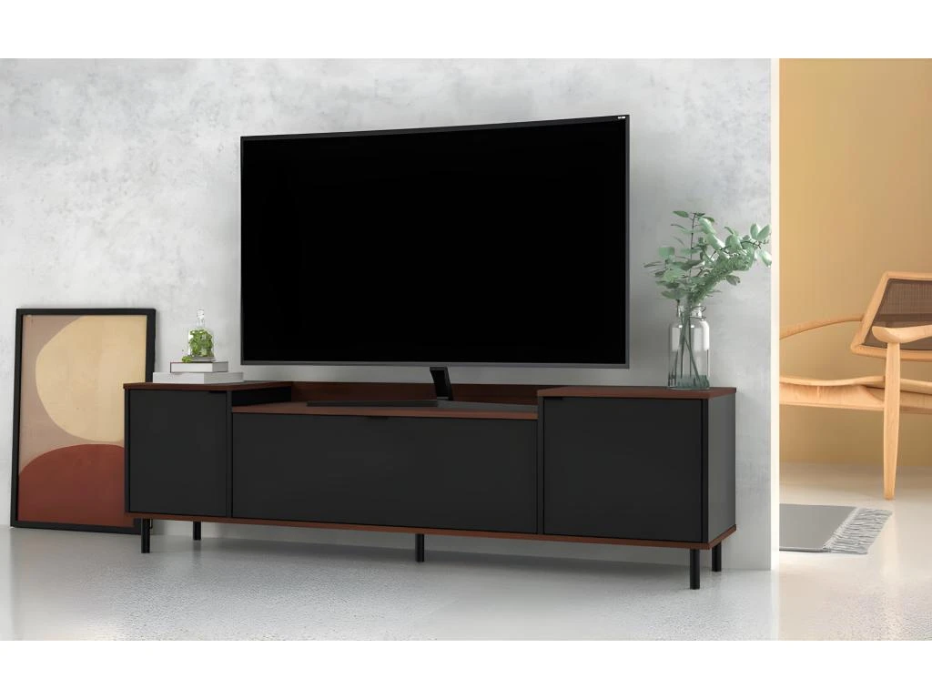 Meuble TV BAR 70 Pouces 3 Portes 3 Niches Châtaignier Noir 4 Meuble TV BAR 70 Pouces 3 Portes 3 Niches Châtaignier Noir – Image 4