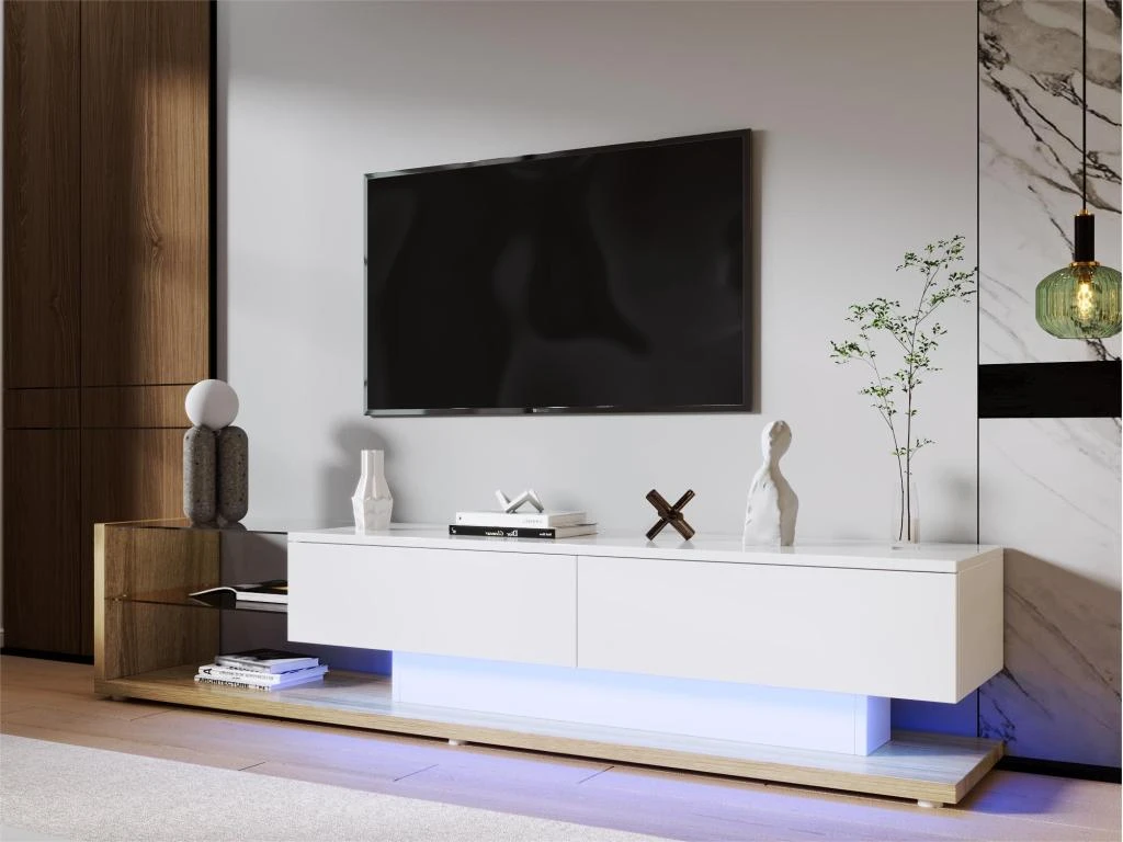 Meuble TV 170cm Avec LED - Cloison Vitrée - 2 Tiroirs - Blanc & Naturel 1 Meuble TV 170cm Avec LED - Cloison Vitrée - 2 Tiroirs - Blanc & Naturel