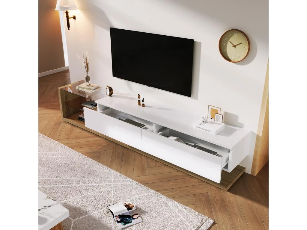 Meuble TV 170cm Avec LED - Cloison Vitrée - 2 Tiroirs - Blanc & Naturel 2 Meuble TV 170cm Avec LED - Cloison Vitrée - 2 Tiroirs - Blanc & Naturel – Image 2