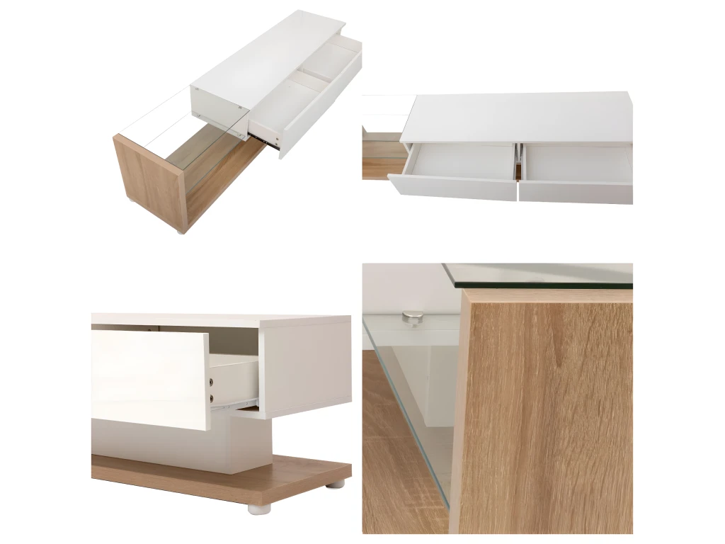 Meuble TV 170cm Avec LED - Cloison Vitrée - 2 Tiroirs - Blanc & Naturel 3 Meuble TV 170cm Avec LED - Cloison Vitrée - 2 Tiroirs - Blanc & Naturel – Image 3