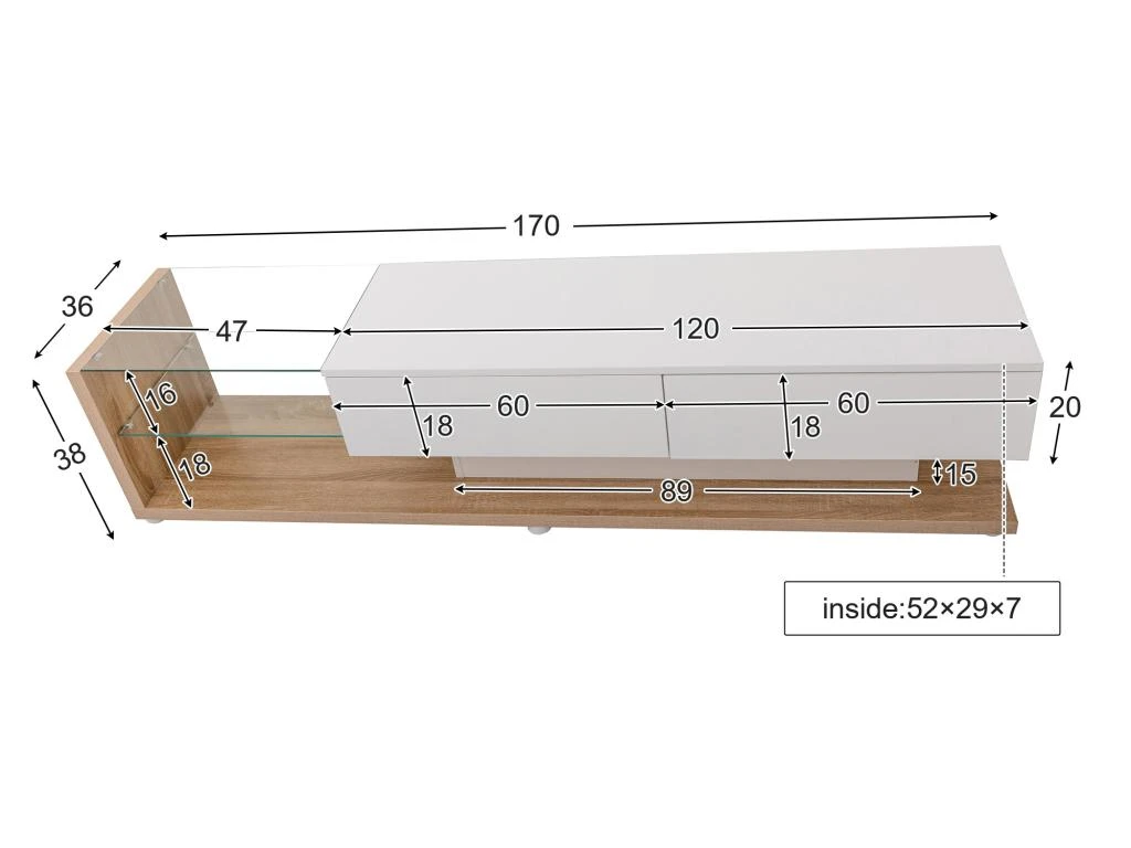 Meuble TV 170cm Avec LED - Cloison Vitrée - 2 Tiroirs - Blanc & Naturel 4 Meuble TV 170cm Avec LED - Cloison Vitrée - 2 Tiroirs - Blanc & Naturel – Image 4