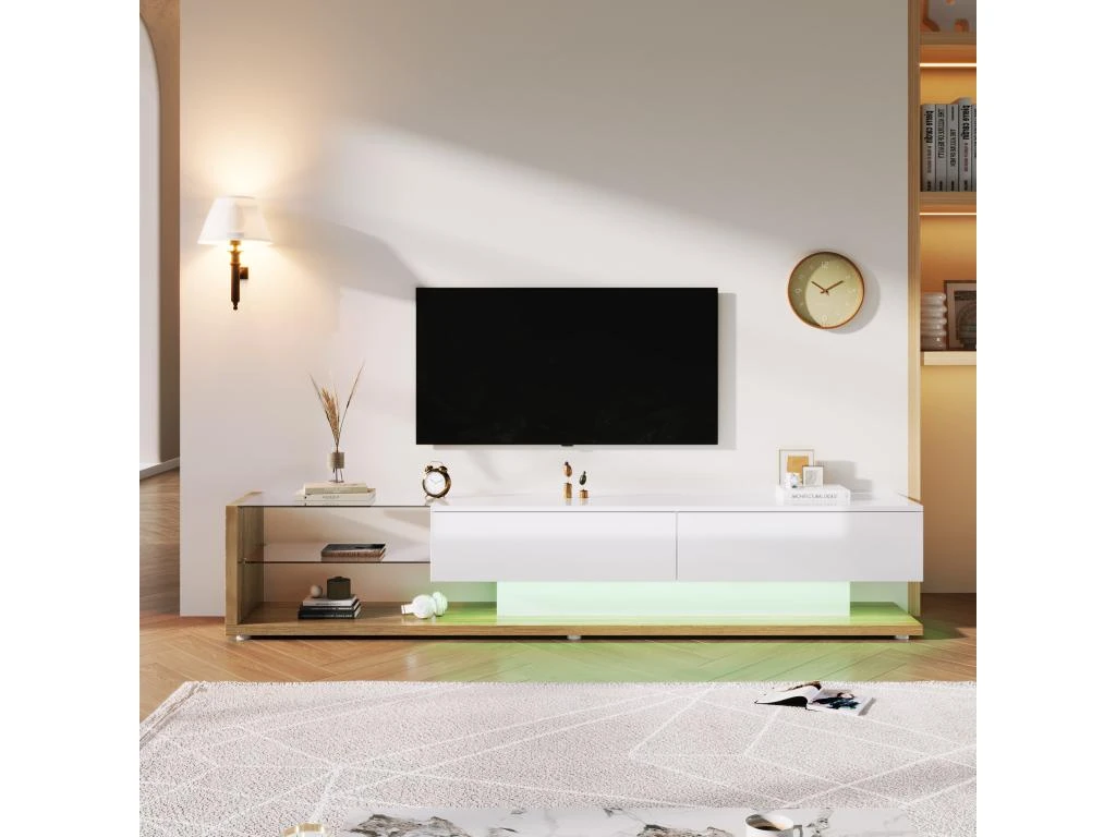 Meuble TV 170cm Avec LED - Cloison Vitrée - 2 Tiroirs - Blanc & Naturel 5 Meuble TV 170cm Avec LED - Cloison Vitrée - 2 Tiroirs - Blanc & Naturel – Image 5