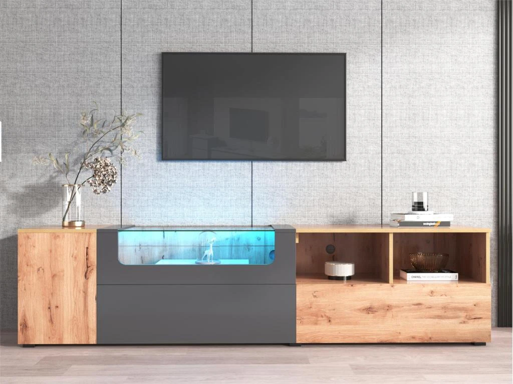 Meuble TV 190 Cm - Avec LED Et Espace D'exposition En Verre - Style Campagnard - Gris & Naturel 1 Meuble TV 190 Cm - Avec LED Et Espace D'exposition En Verre - Style Campagnard - Gris & Naturel