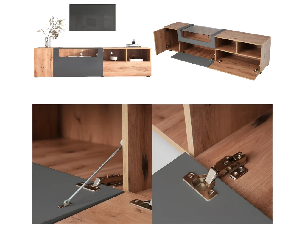 Meuble TV 190 Cm - Avec LED Et Espace D'exposition En Verre - Style Campagnard - Gris & Naturel 4 Meuble TV 190 Cm - Avec LED Et Espace D'exposition En Verre - Style Campagnard - Gris & Naturel – Image 4