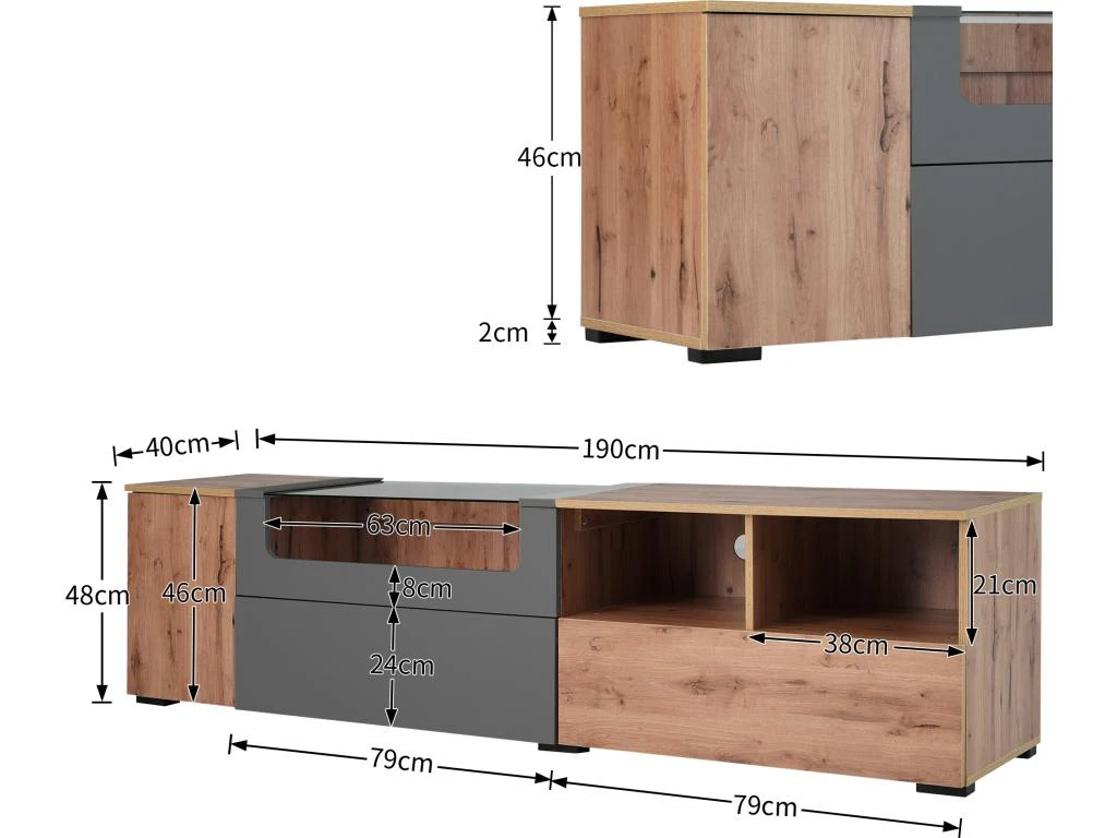 Meuble TV 190 Cm - Avec LED Et Espace D'exposition En Verre - Style Campagnard - Gris & Naturel 5 Meuble TV 190 Cm - Avec LED Et Espace D'exposition En Verre - Style Campagnard - Gris & Naturel – Image 5