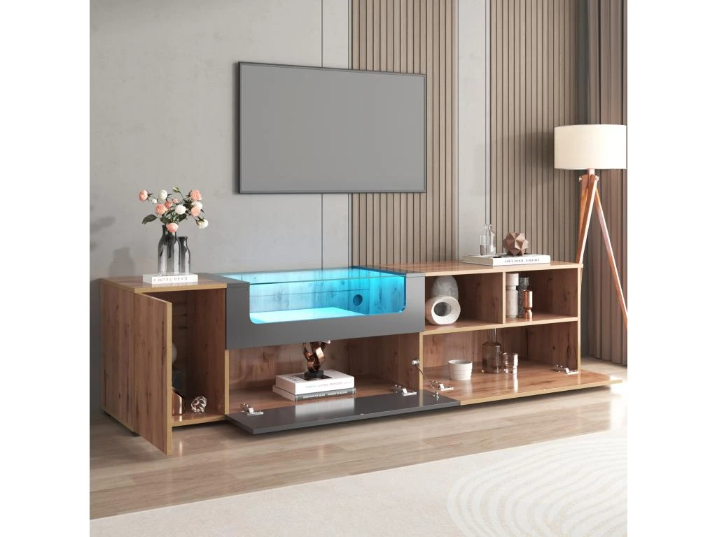 Meuble TV 190 Cm - Avec LED Et Espace D'exposition En Verre - Style Campagnard - Gris & Naturel 8 Meuble TV 190 Cm - Avec LED Et Espace D'exposition En Verre - Style Campagnard - Gris & Naturel – Image 8