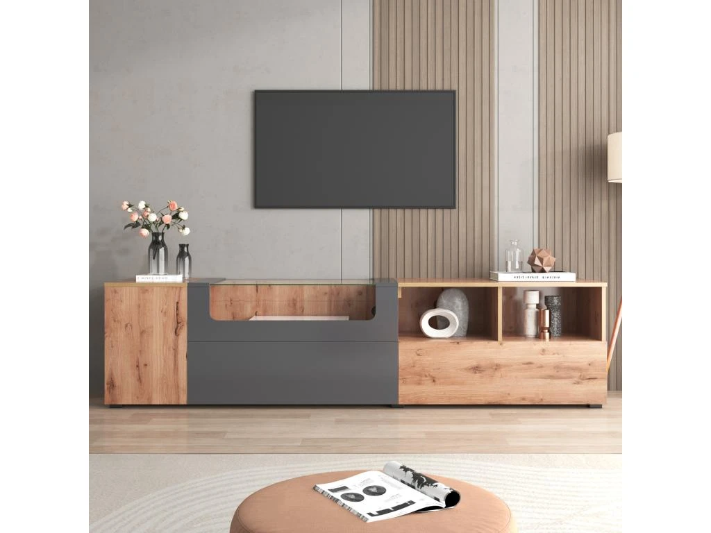 Meuble TV 190 Cm - Avec LED Et Espace D'exposition En Verre - Style Campagnard - Gris & Naturel 9 Meuble TV 190 Cm - Avec LED Et Espace D'exposition En Verre - Style Campagnard - Gris & Naturel – Image 9