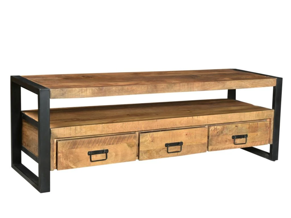 Meuble TV Avec 3 Tiroirs Et 1 Niche En Bois De Manguier Et Métal Noir - Naturel Clair - HARLEM 1 Meuble TV Avec 3 Tiroirs Et 1 Niche En Bois De Manguier Et Métal Noir - Naturel Clair - HARLEM