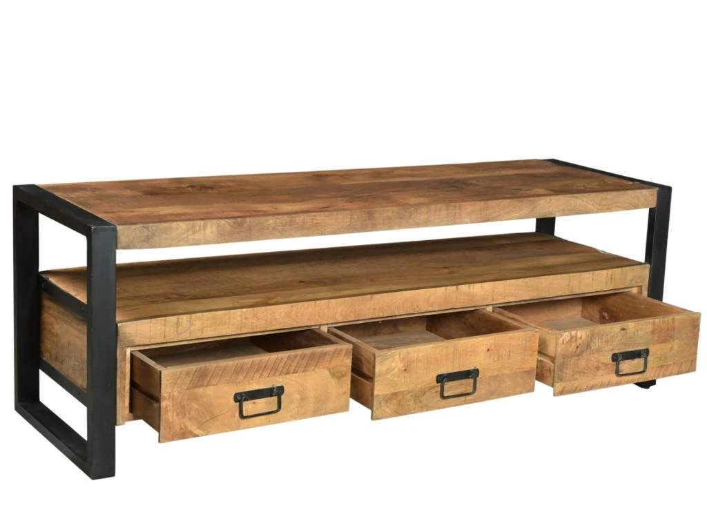 Meuble TV Avec 3 Tiroirs Et 1 Niche En Bois De Manguier Et Métal Noir - Naturel Clair - HARLEM 2 Meuble TV Avec 3 Tiroirs Et 1 Niche En Bois De Manguier Et Métal Noir - Naturel Clair - HARLEM – Image 2