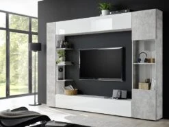 Mur TV SIRIUS Avec Rangements - Coloris : Blanc Laqué Et Béton