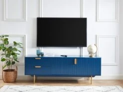 Meuble TV - 2 Portes Et 2 Tiroirs - MDF Et Métal - Bleu Et Doré - LIKANA