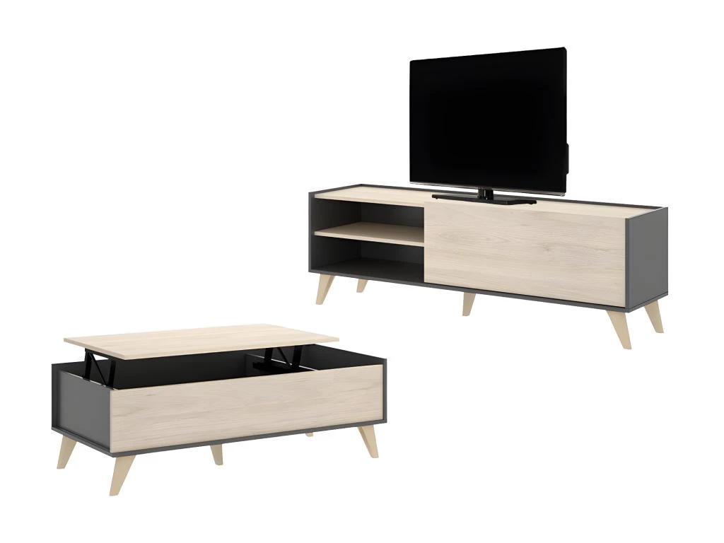 Ensemble Table Basse + Meuble TV - Anthracite Et Chêne - Séjour Scandinave KOLYMA 1 Ensemble Table Basse + Meuble TV - Anthracite Et Chêne - Séjour Scandinave KOLYMA