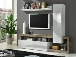 Mur TV Avec 2 Portes - Blanc LaquĂ© Et ChĂȘne - SEFRO