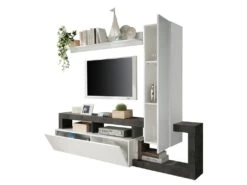 Mur TV Avec 2 Portes - Blanc Laqué Et Béton - SEFRO -Deco.fr Soldes Boutique meuble tv 437249