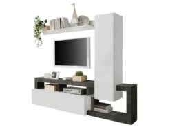Mur TV Avec 2 Portes - Blanc Laqué Et Béton - SEFRO -Deco.fr Soldes Boutique meuble tv 437251