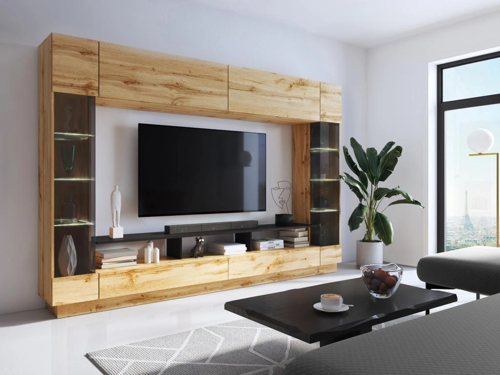 Mur TV Avec Rangements Et LEDs - Naturel - BRIANO 1 Mur TV Avec Rangements Et LEDs - Naturel - BRIANO