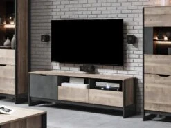 Meuble TV LAONILE - 1 Porte, 2 Tiroir Et 2 Niches - Noyer Et Anthracite