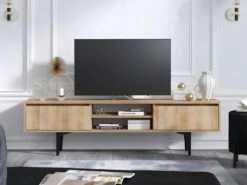 Meuble TV - 2 Tiroirs Et 2 Niches - Naturel Et Noir - OLIENA