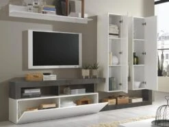 Mur TV Avec 3 Portes - Coloris : Blanc Laqué Et Béton - SEFRO -Deco.fr Soldes Boutique meuble tv 5626395