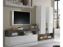Mur TV Avec 3 Portes - Coloris : Blanc Laqué Et Béton - SEFRO