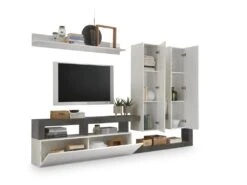 Mur TV Avec 3 Portes - Coloris : Blanc Laqué Et Béton - SEFRO -Deco.fr Soldes Boutique meuble tv 5626401