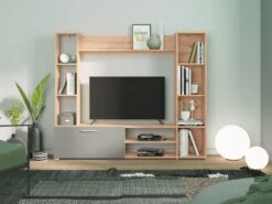 Mur TV Avec Rangements - Coloris : Naturel Et Gris - VURLENI