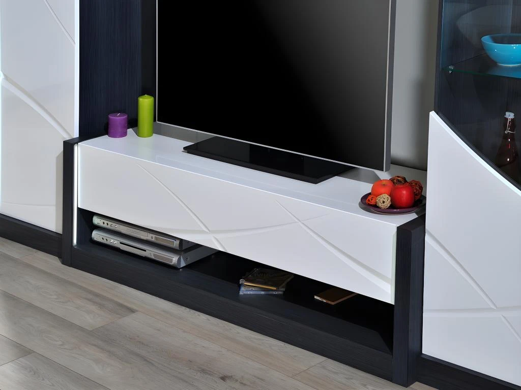 Meuble TV 1 Tiroir Et 1 Niche - Avec LEDs - Anthracite Et Blanc Laqué - LUDMILA 2 Meuble TV 1 Tiroir Et 1 Niche - Avec LEDs - Anthracite Et Blanc Laqué - LUDMILA – Image 2