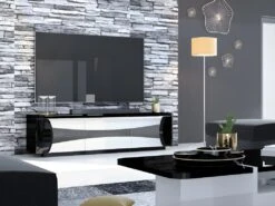 Meuble TV 3 Portes Avec LEDs - Blanc Et Noir Laqué - HAROUN