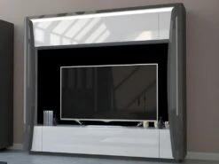 Mur TV 1 Porte Et 1 Tiroir Avec LEDs - Blanc Et Anthracite Laqué - HAROUN