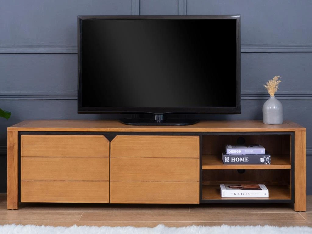 Meuble TV Avec 2 Portes Et 2 Niches - Teck - Coloris : Naturel - BEKASI 2 Meuble TV Avec 2 Portes Et 2 Niches - Teck - Coloris : Naturel - BEKASI – Image 2