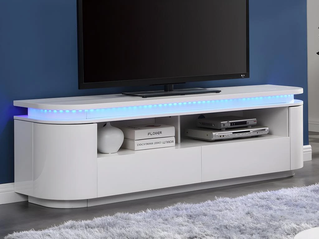 Meuble TV 2 Portes Et 2 Tiroirs Avec LEDs - MDF - Blanc Laqué - VANDANA 2 Meuble TV 2 Portes Et 2 Tiroirs Avec LEDs - MDF - Blanc Laqué - VANDANA – Image 2